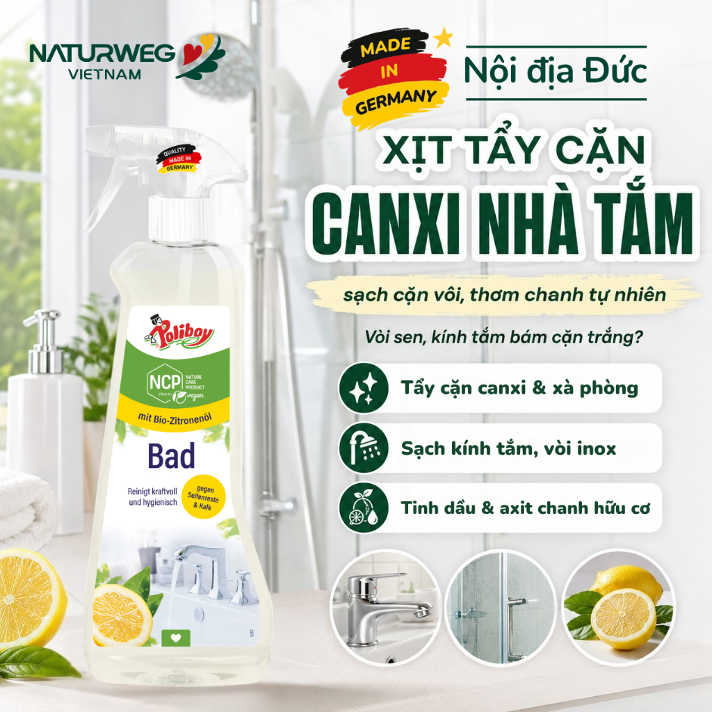 Xịt Tẩy Cặn Canxi Poliboy Nội Địa Đức - Hữu Cơ, Vệ Sinh Nhà Tắm, Sạch Vách Kính, Vòi Inox 500ml | BigBuy360 - bigbuy360.vn