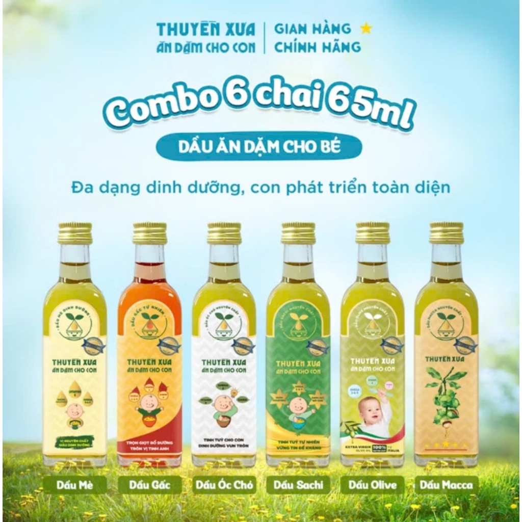 Dầu Ăn Dặm Thuyền Xưa - Combo Óc Chó - Gấc - Mè - Olive - Cá Hồi Ăn Dặm Thuyền Xưa - Chai 65ml