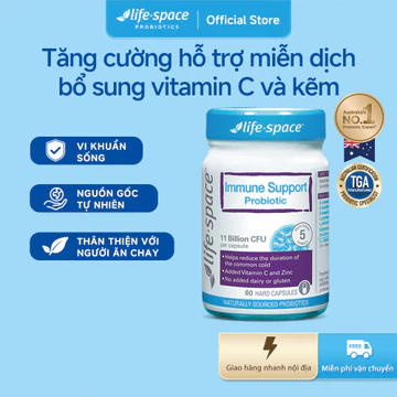 Men vi sinh Life Space Immune Support tăng cường đề kháng, bổ sung lợi khuẩn, vitamin C, kẽm lọ 60 viên Prebiotic