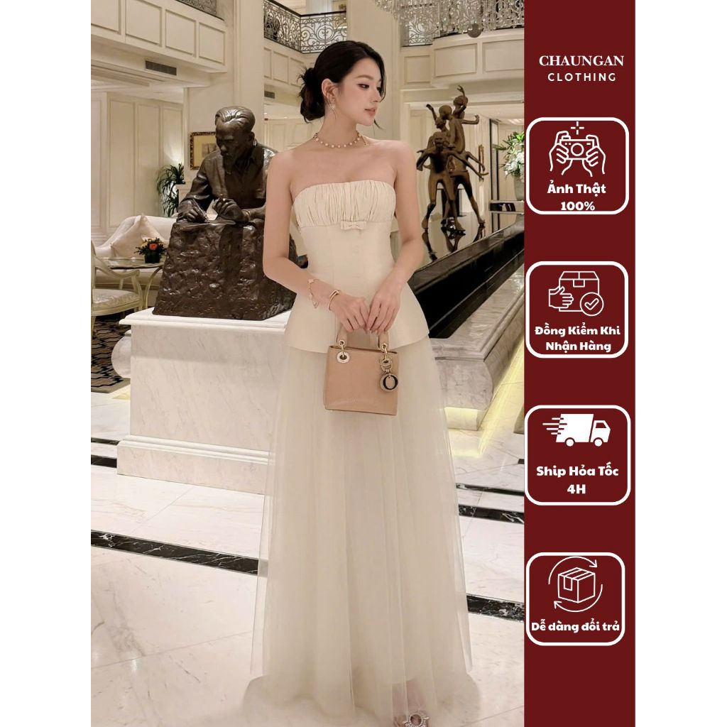 Set Đồ Bộ Đi Tiệc Thiết Kế Phối Nơ Eo Và Tùng Váy Lưới Bồng Bềnh Màu Kem Thượng Lưu