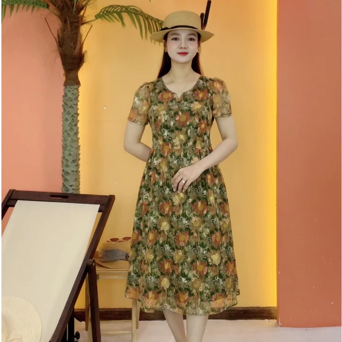 Đầm xòe trung niên cho mẹ - Cổ tròn khoét V tay ngắn - Xanh họa tiết - TTV2094 — ảnh 1
