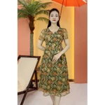 Đầm xòe trung niên cho mẹ - Cổ tròn khoét V tay ngắn - Xanh họa tiết - TTV2094 — ảnh 2