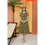 Đầm xòe trung niên cho mẹ - Cổ tròn khoét V tay ngắn - Xanh họa tiết - TTV2094 — ảnh 4