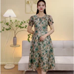 Đầm xòe trung niên cho mẹ - Cổ tròn tay búp - xanh hoa - TTV2096 — ảnh 1