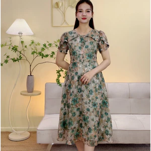 Đầm xòe trung niên cho mẹ - Cổ tròn tay búp - xanh hoa - TTV2096
