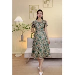 Đầm xòe trung niên cho mẹ - Cổ tròn tay búp - xanh hoa - TTV2096 — ảnh 2