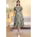 Đầm xòe trung niên cho mẹ - Cổ tròn tay búp - xanh hoa - TTV2096 — ảnh 3