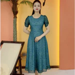 Đầm xòe trung niên cho mẹ - Cổ tròn tay hồ điệp - Xanh hoa - TTV2101 — ảnh 1