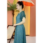 Đầm xòe trung niên cho mẹ - Cổ tròn tay hồ điệp - Xanh hoa - TTV2101 — ảnh 4