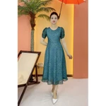 Đầm xòe trung niên cho mẹ - Cổ tròn tay hồ điệp - Xanh hoa - TTV2101 — ảnh 3