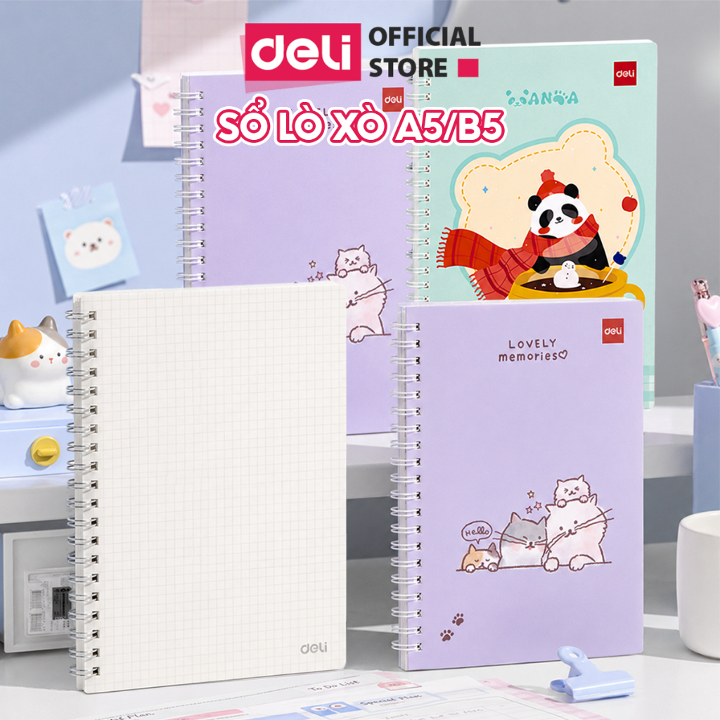 Sổ Lò Xo Kép Deli A5/B5 Kẻ Ngang & Caro 38-80 Tờ - Sổ Giấy Dày Mịn Chống Lóa Bìa Họa Tiết Cute