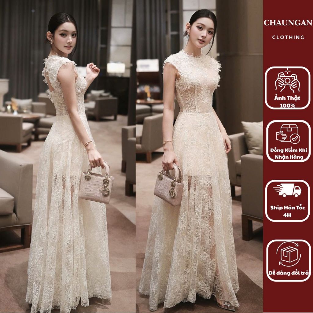 Đầm Maxi Ren Dáng Dài Thiết Kế Cổ Tròn Sát Nách Phối Lớp Xuyên Thấu Sang Trọng Dự Tiệc Cưới