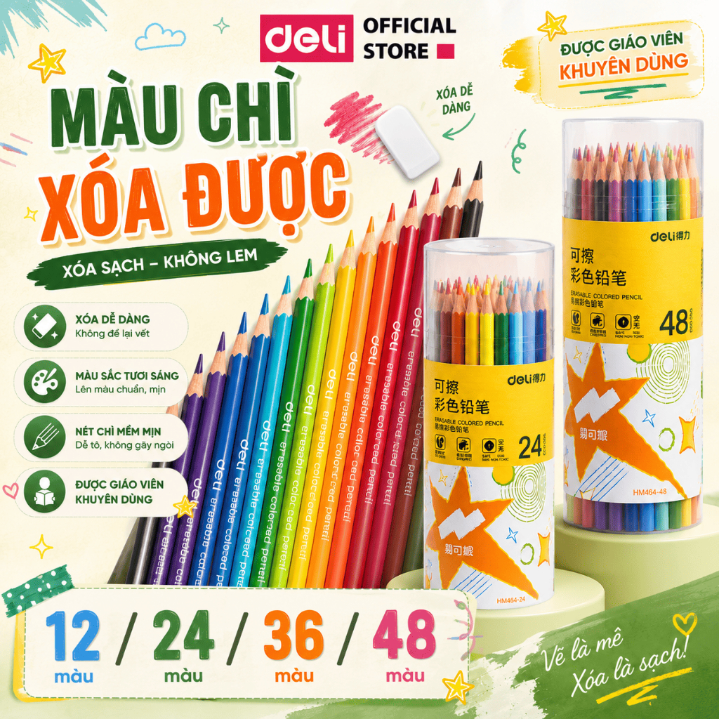[🔥 TẶNG TẨY TPE + 1 VỞ VẼ] Bút Chì Màu Tẩy Được Deli 12/24/36/48 Màu - Chì Màu Xoá Được Cho Học Sinh, Sinh Viên Vẽ Tranh