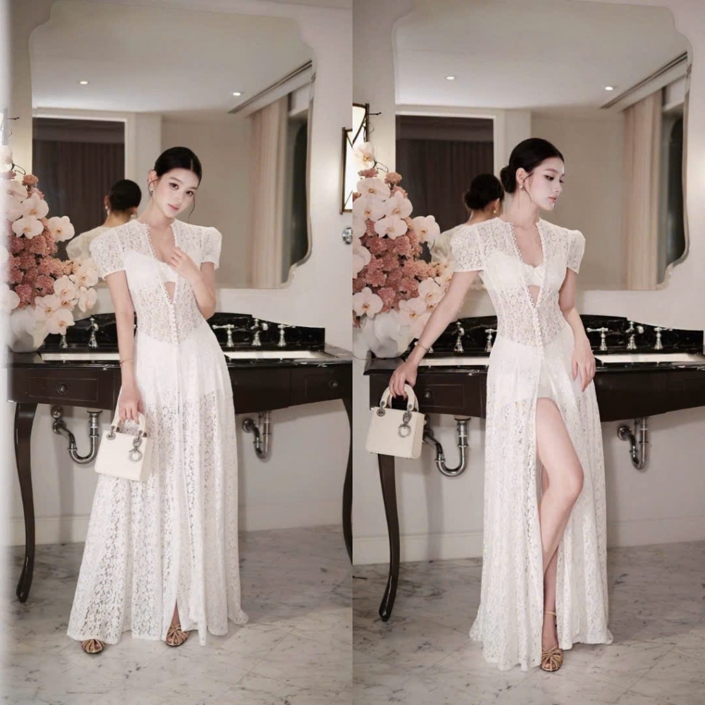 Set 3 Món Đầm Ren Tay Ngắn Xẻ Tà Phối Bra Sang Chảnh Quyến Rũ