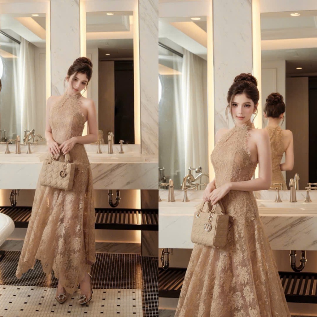 Đầm Dự Tiệc Ren Họa Tiết Cổ Yếm Dáng Dài Quyến Rũ