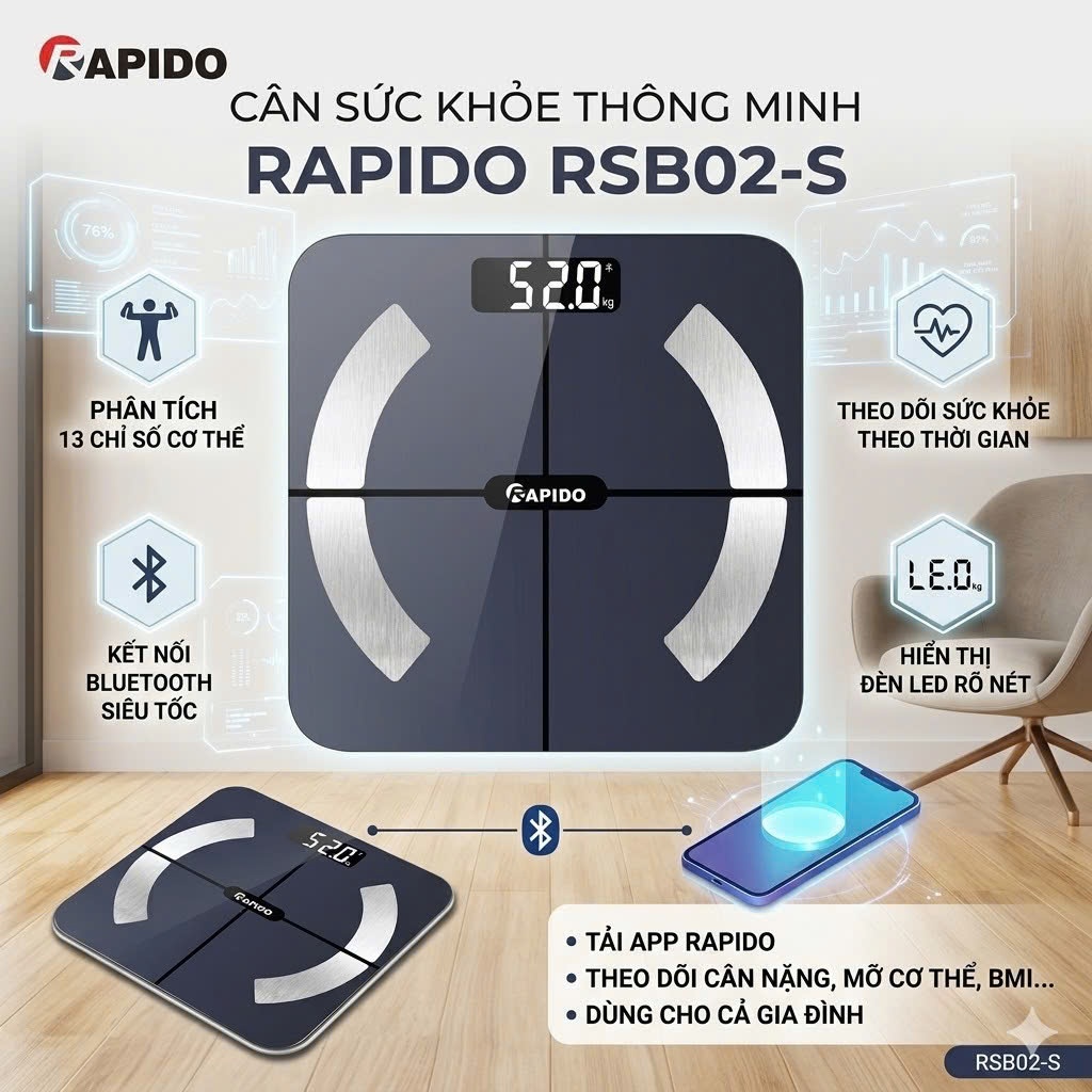 Cân sức khỏe thông minh đo 20 chỉ số cơ thể Rapido, Bảo hành 12 tháng lỗi 1 đổi 1