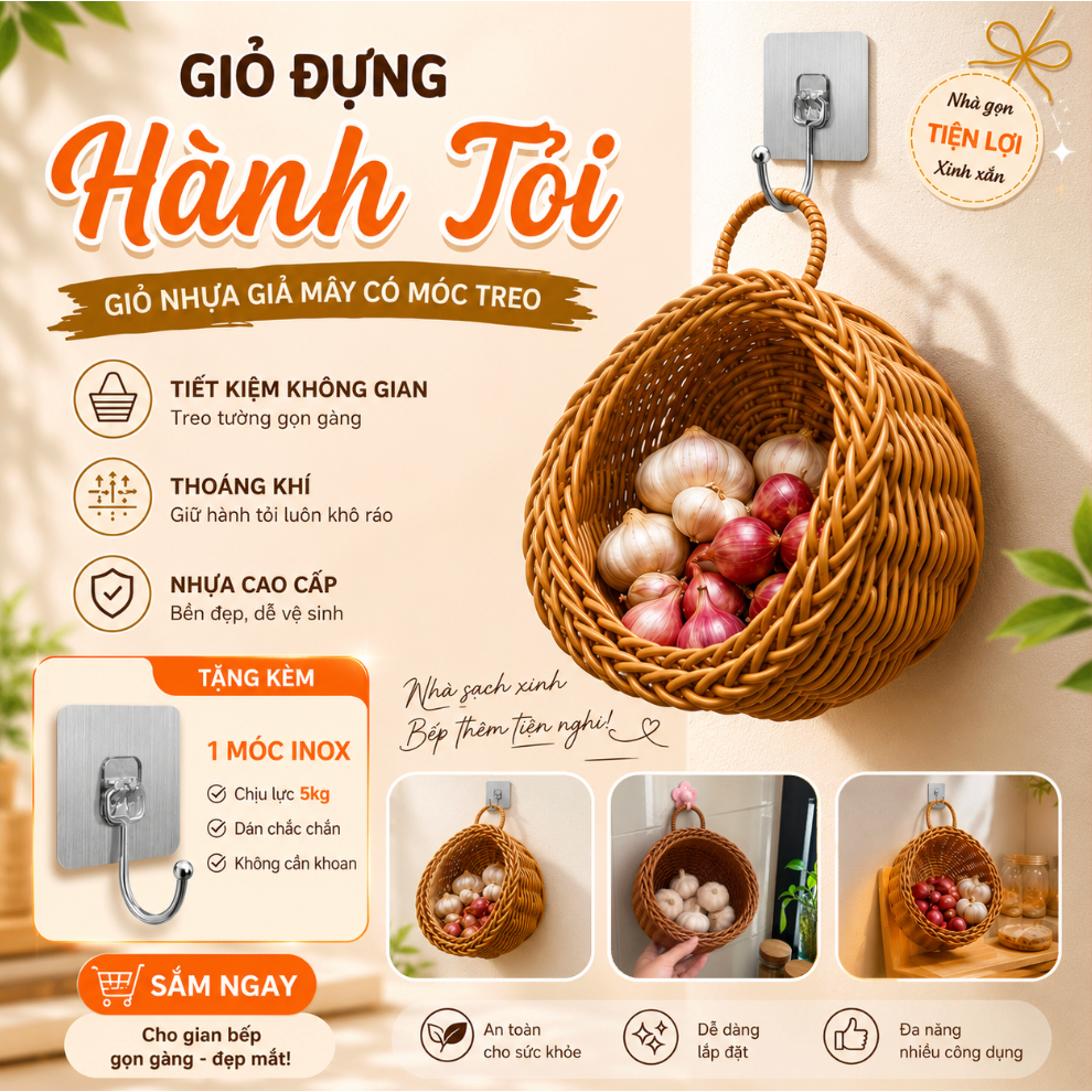 Giỏ Đan Giả Mây Có Quai Cầm, Khay Đựng Gia Vị, Tỏi Hành, Đồ Lặt Vặt Trang Trí Nhà Cửa