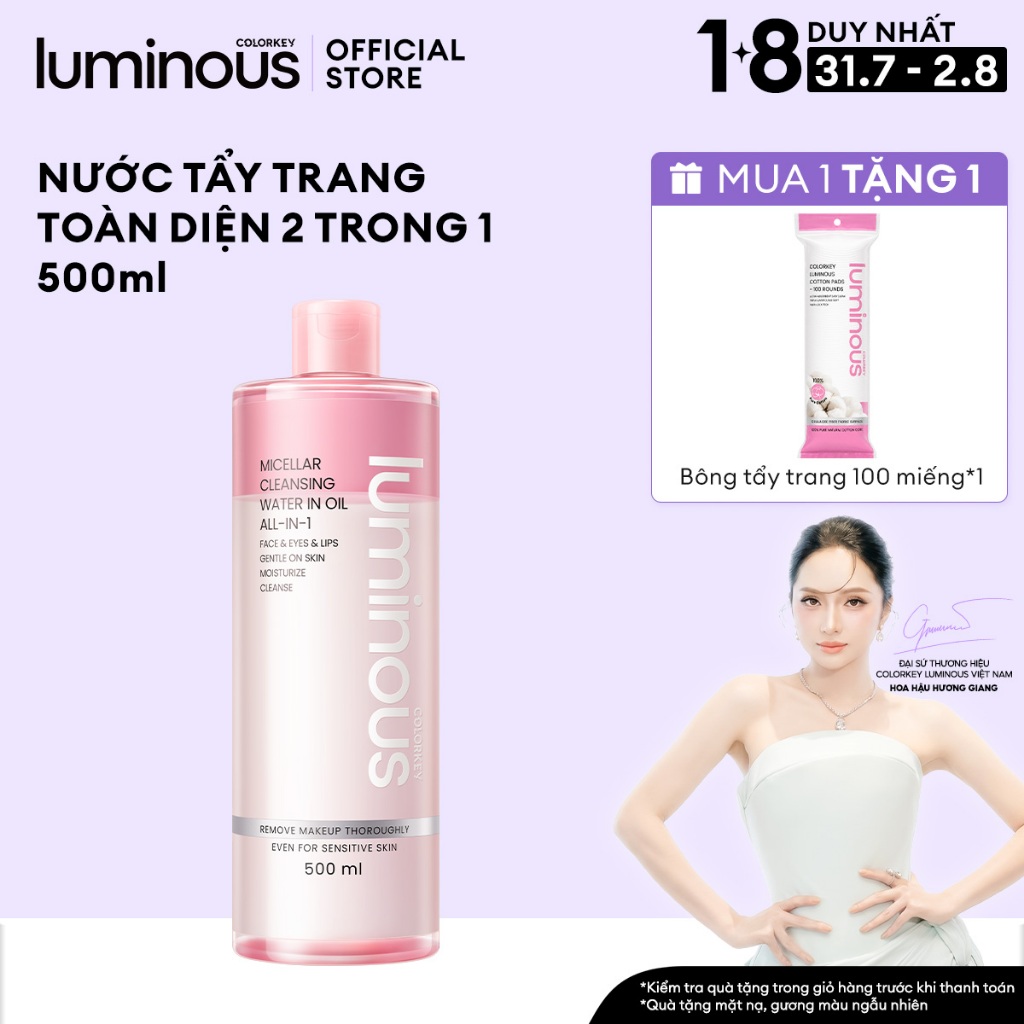 Nước Tẩy Trang Có Dầu 2 Trong 1 COLORKEY Không Cay Mắt, Dịu Nhẹ Cho Mọi Loại Da, Loại Bỏ Bụi Bẩn & Trang Điểm 500ml/Chai