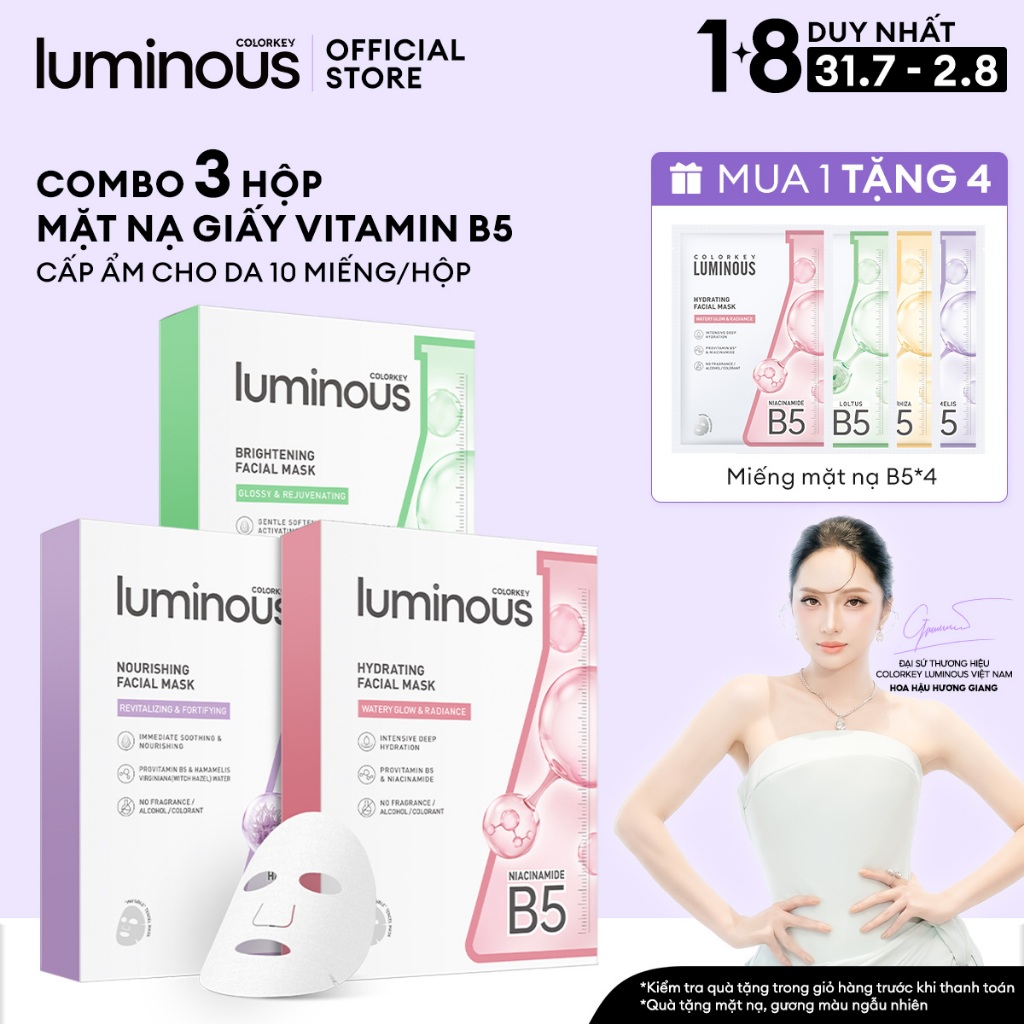 3 Hộp 3 Màu Mặt Nạ Giấy COLORKEY LUMINOUS Vitamin B5 Giúp Cấp Ẩm, Hỗ Trợ Làm Sáng Da 10 miếng