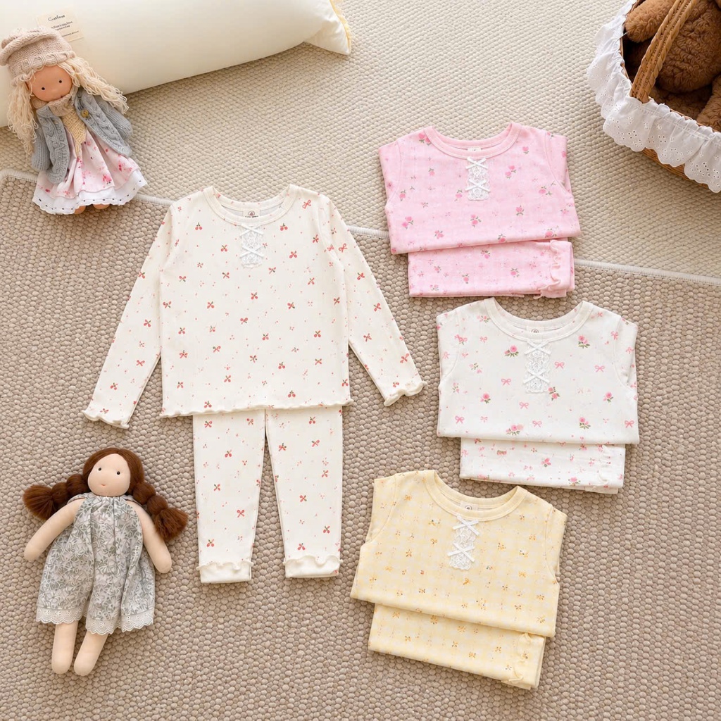 Bộ Dài Tay Thu Đông Bé Gái, Bộ Dài Tay Gắn Nơ Chất Liệu Cotton Thông Hơi Cho bé 7-25kg TD01