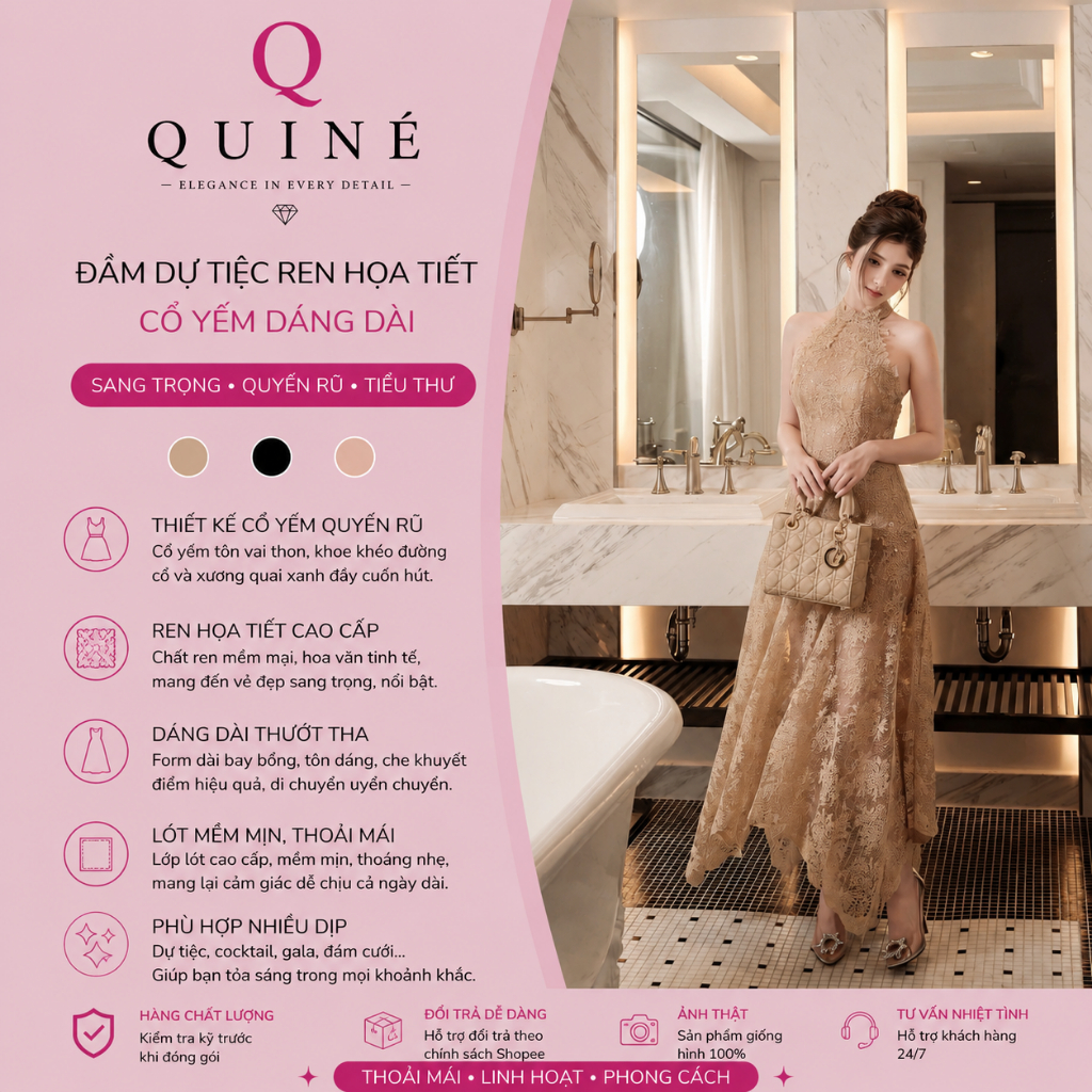 Đầm Dự Tiệc Ren Họa Tiết Cổ Yếm Dáng Dài Quyến Rũ Sang Chảnh – Váy Maxi Cao Cấp Tôn Dáng Thanh Lịch