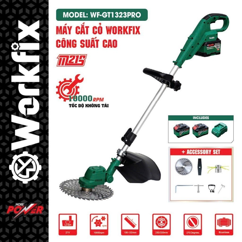 Máy cắt cỏ pin WORKFIX WF-GT1323PRO, Không chổi than, 10000 rpm, Dài 130cm, Lưỡi 250mm