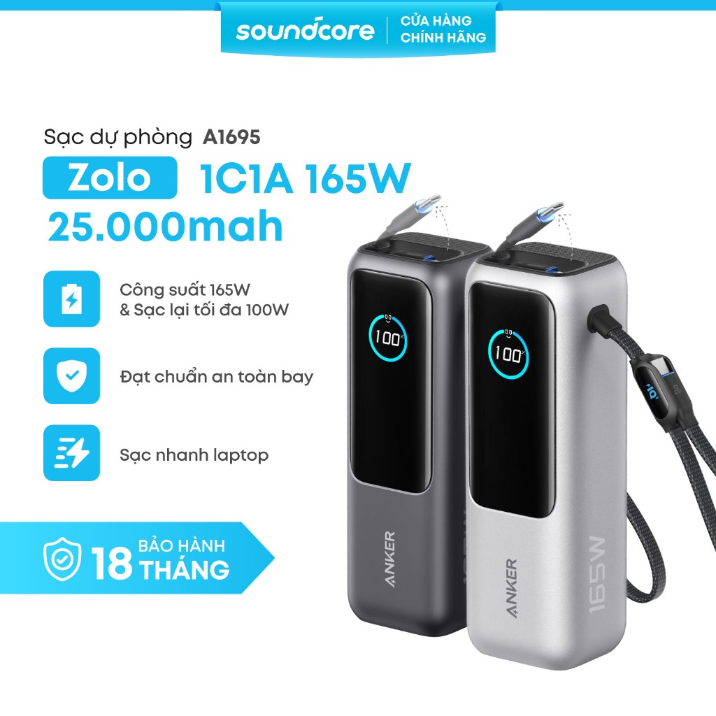 Sạc dự phòng ANKER Zolo 25000mAh |Công suất 165W |Tích hợp 2 cáp USB-C rút gọn |Có màn hình - A1695| BH 18 tháng | BigBuy360 - bigbuy360.vn