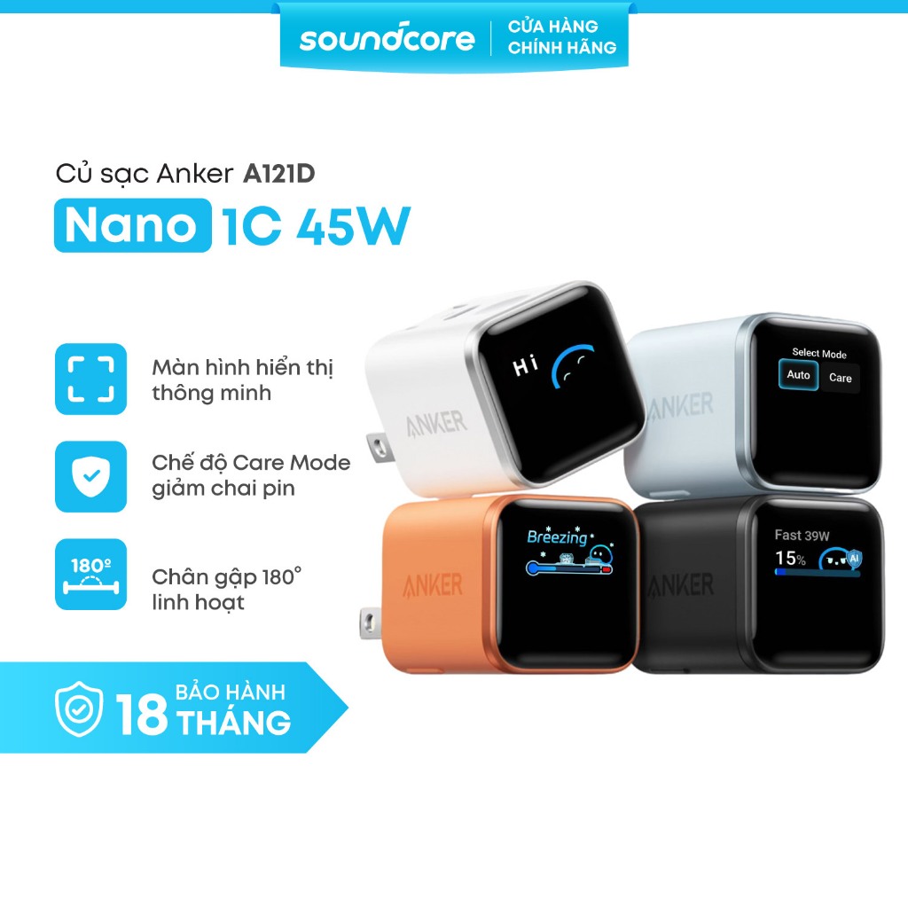 Củ Sạc Anker Nano 1C 45W | Màn Hình LED | Chân gập 180° | Sạc iPhone 15/16/17, Samsung, iPad - A121D | BH 18 tháng