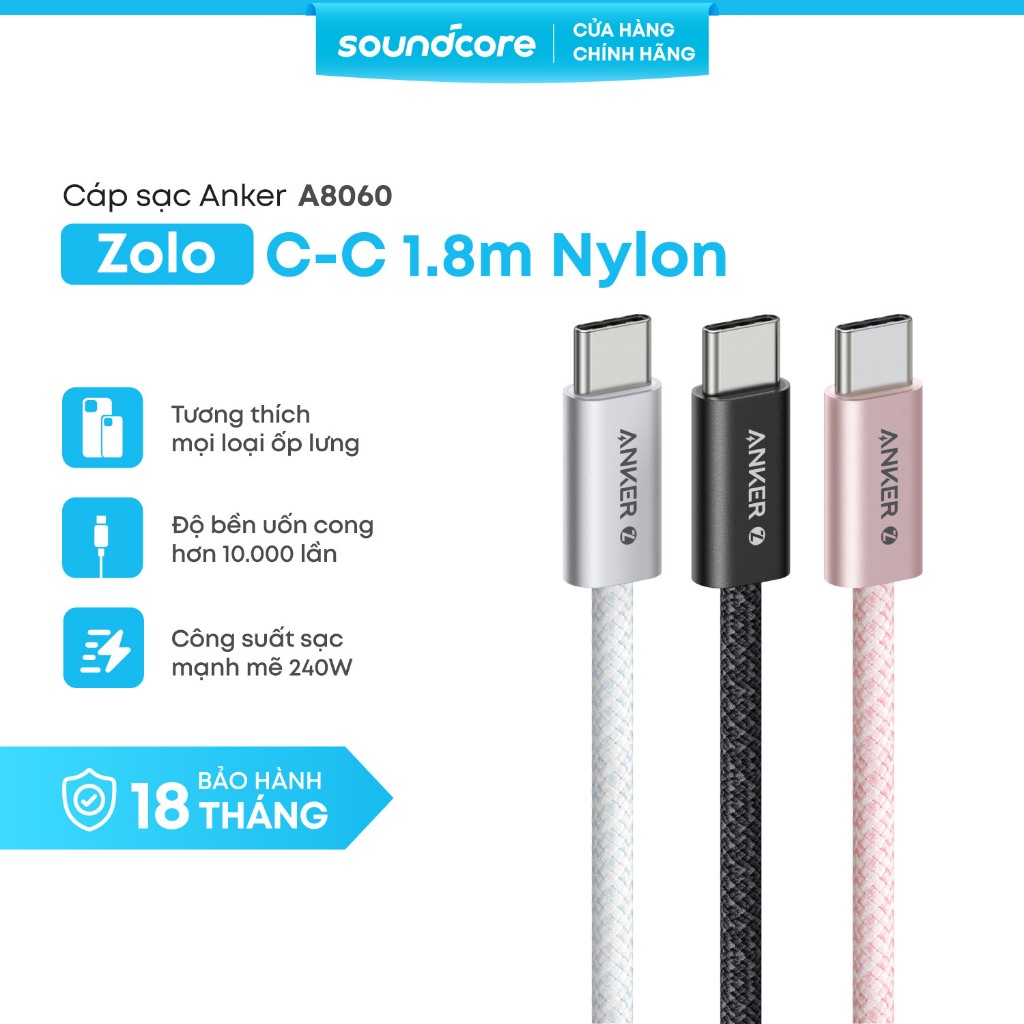 Cáp sạc nhanh Anker Zolo USB-C sang USB-C| Công suất 240W | Chip E-Marker thông minh | Dài 1.8m - A8060 |BH 18 tháng | BigBuy360 - bigbuy360.vn