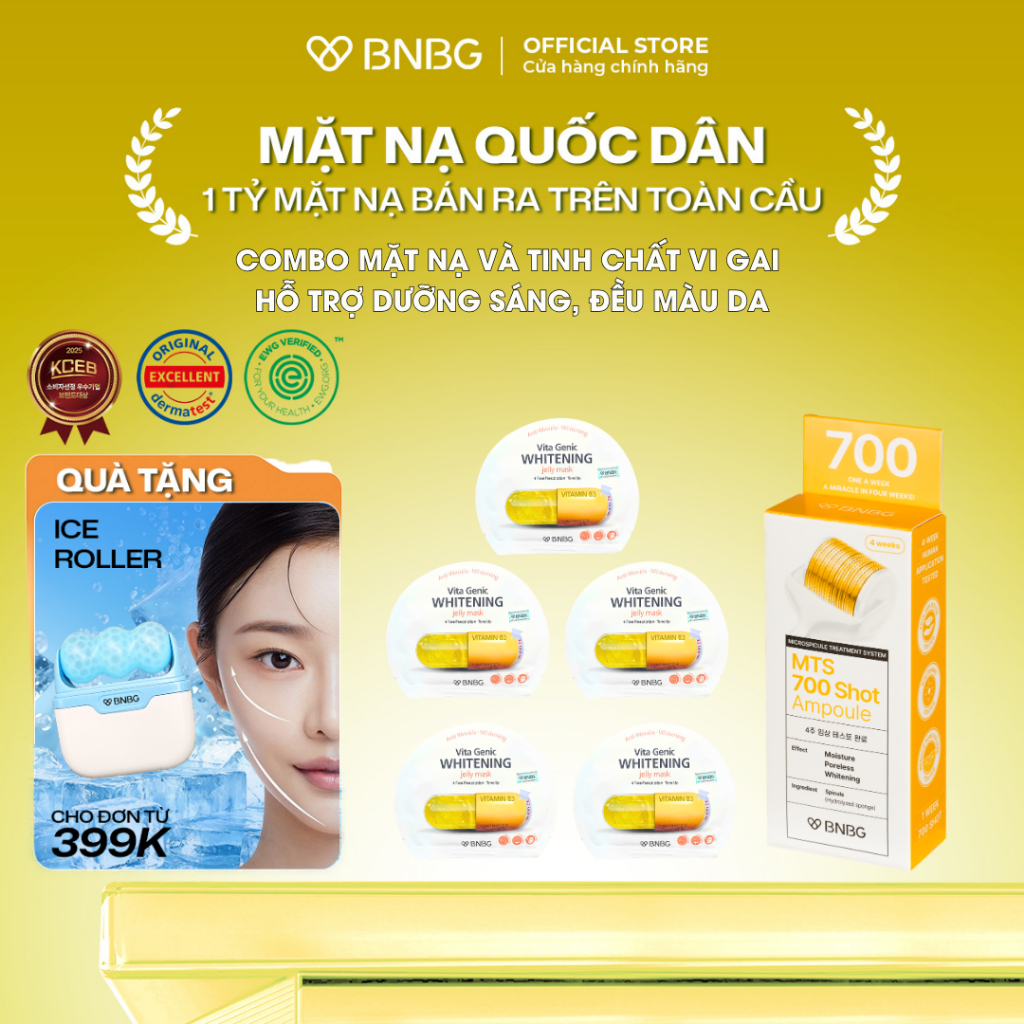 Combo hỗ trợ dưỡng sáng, mờ thâm da BNBG (5 Whitening Jelly Mask + MTS 700 Shot (4 gói x 2ml))