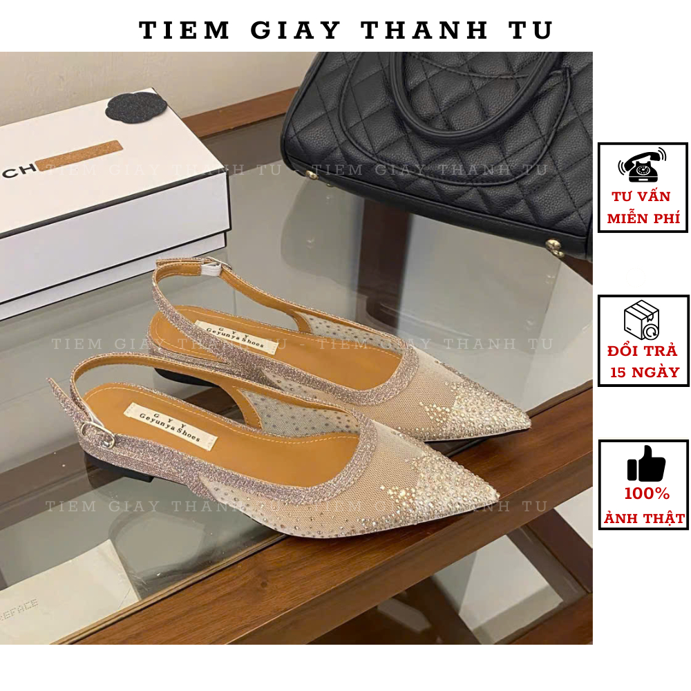 H8-02/H9-410 [Tiemgiaythanhtu] Sandal bệt búp Bê Slingback Đính Đá Lấp Lánh Mũi Nhọn