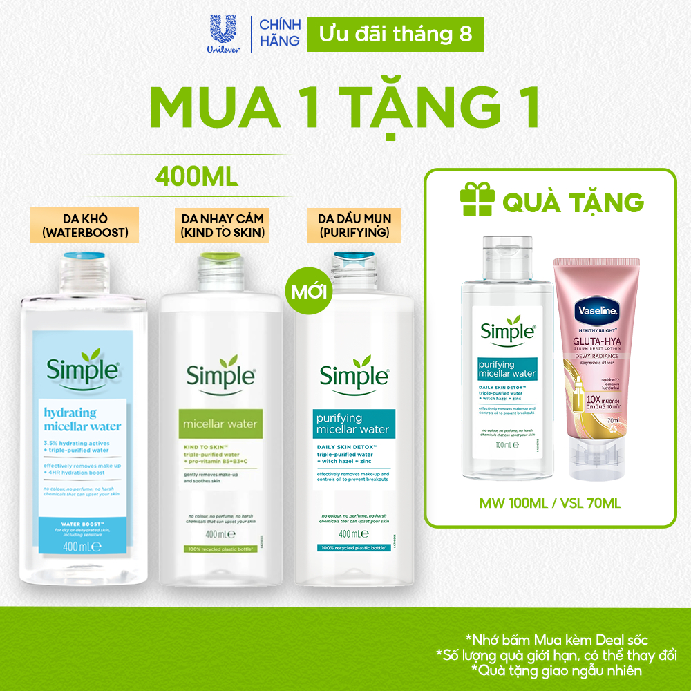 NƯỚC TẨY TRANG SẠCH SÂU DỊU NHẸ - SIMPLE MICELLAR WATER 400ML | BigBuy360 - bigbuy360.vn