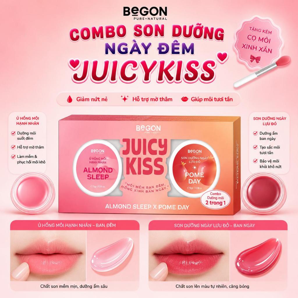 Combo Son Dưỡng Ngày Đêm 2in1 Juicy Kiss -  Hỗ Trợ Dưỡng Ẩm, Làm Hồng Môi & Che Thâm BeGON [2 x 5gr]