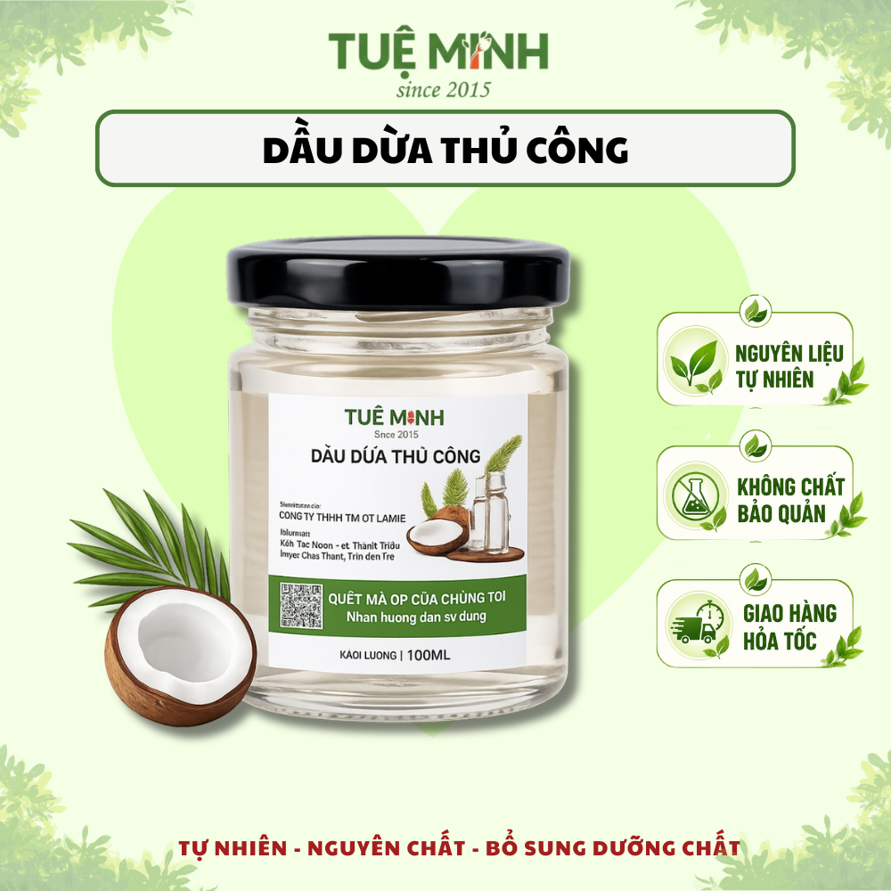 Dầu dừa nguyên chất, Organic Bến Tre nấu thủ công, ép lạnh thương hiệu Tuệ Minh – Dưỡng da, tóc, mi
