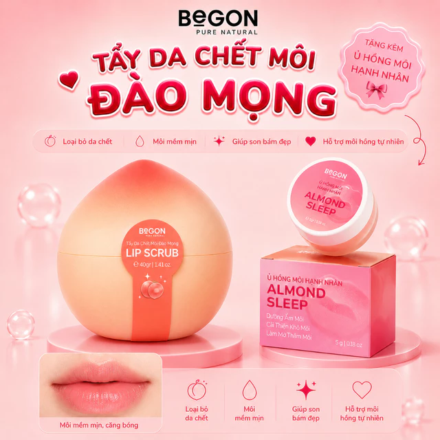 Tẩy Da Chết Môi Đào Mọng Lip Scrub 40gr [Tặng Ủ Hồng Môi Hạnh Nhân Almond Sleep 5g], Làm Mềm, Nhẹ Môi & Giảm Thâm Môi