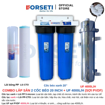 Bộ 2 cốc béo 20inch lắp sẵn và màng UF siêu lọc PVDF (2000-5000L/H)- Bộ lọc tổng sinh hoạt đầu nguồn 20inch