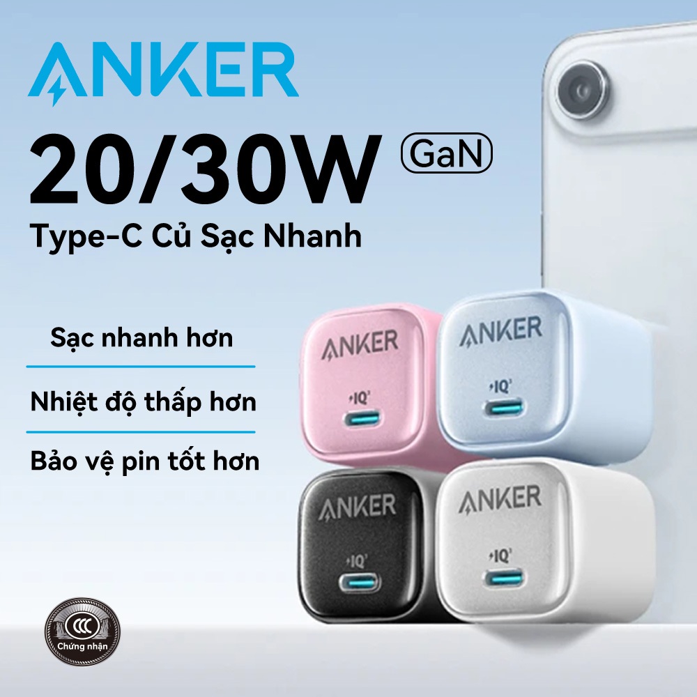 Anker Zolo Củ Sạc 20/30W PD GaN - Sạc Nhanh Không Nóng, Chân Gập Gọn, Cho Samsung iPhone 7-17 [BH 18 tháng]