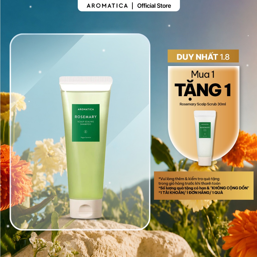 Dầu Gội Ngăn Rụng Tóc AROMATICA Rosemary Scalp Scaling Shampoo 180ml