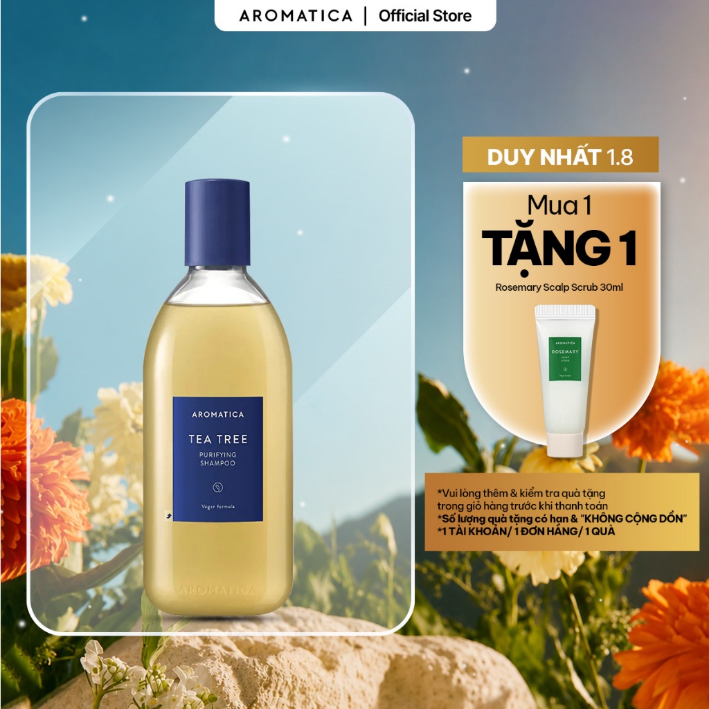 Dầu Gội Tràm Trà AROMATICA Tea Tree Purifying Shampoo 400ml Cho Da Đầu Dầu