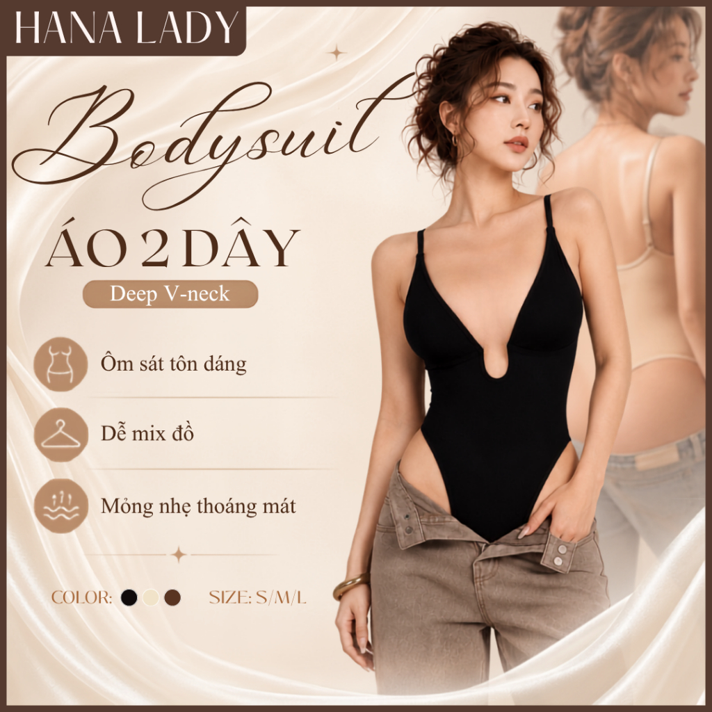 Bodysuit Định Hình Body, Áo Định Hình 2 Dây Thiết Kế Cổ V Sâu Ôm Sát Siết Eo Tôn Dáng HanaLady - SH08