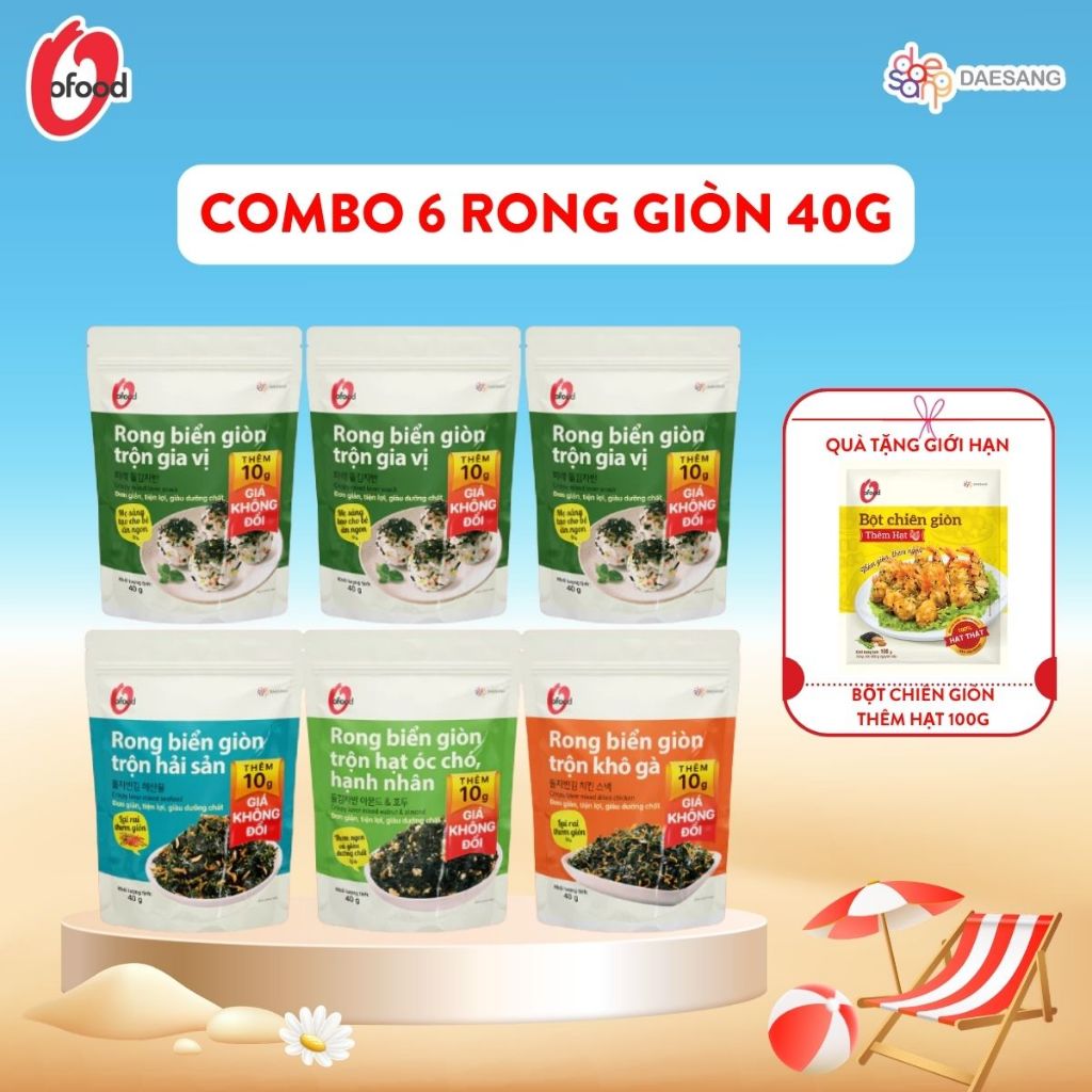 [O’FOOD VN] COMBO 6 GÓI RONG BIỂN GIÒN TRỘN GIA VỊ O’FOOD 40G – 3 GV + 3 HẢI SẢN/KHÔ GÀ/HẠT | TẶNG BỘT CHIÊN HẠT 100G
