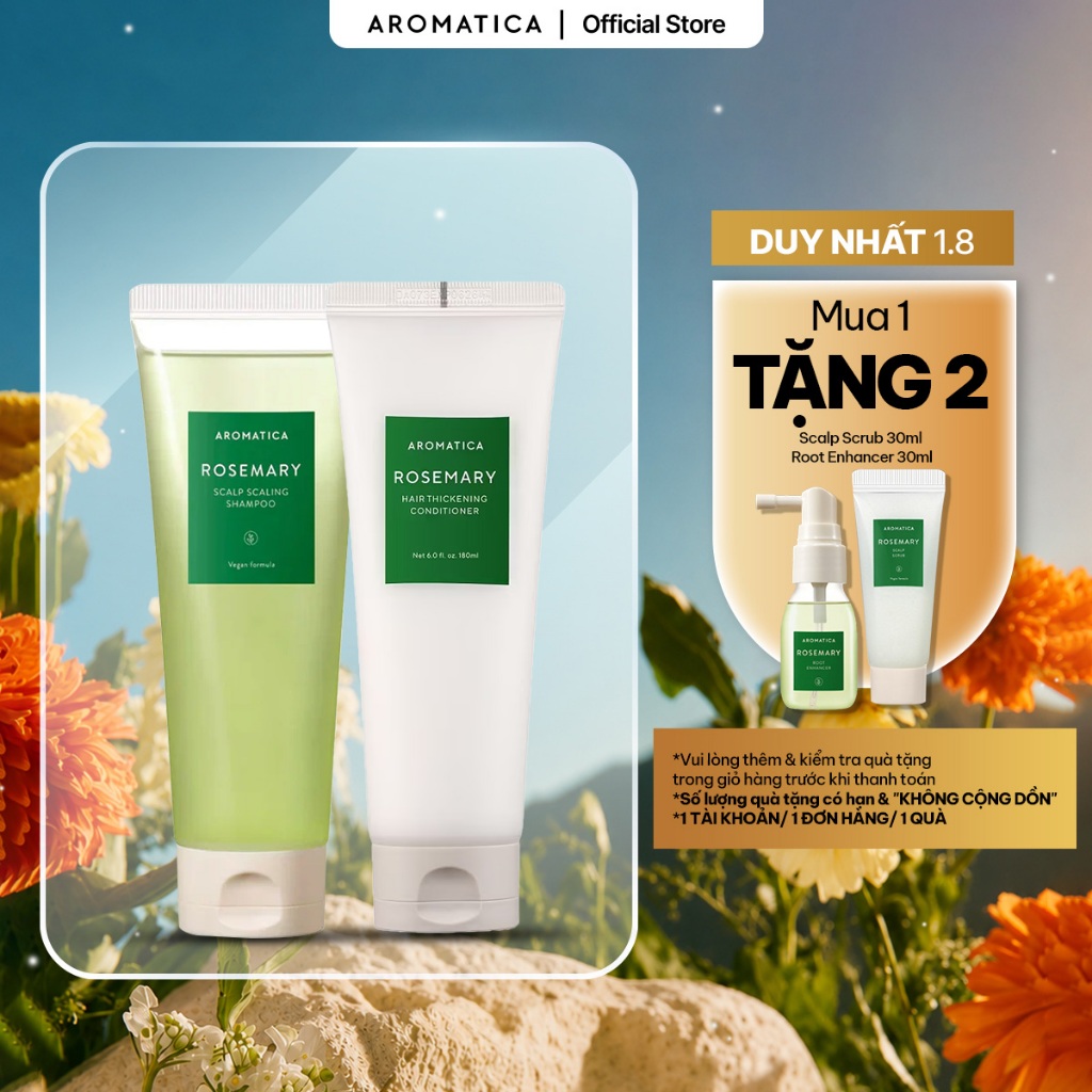 Dầu Gội Aromatica Rosemary Shampoo 180ml + Dầu Xả Rosemary Hair Thickening Conditioner 180ml