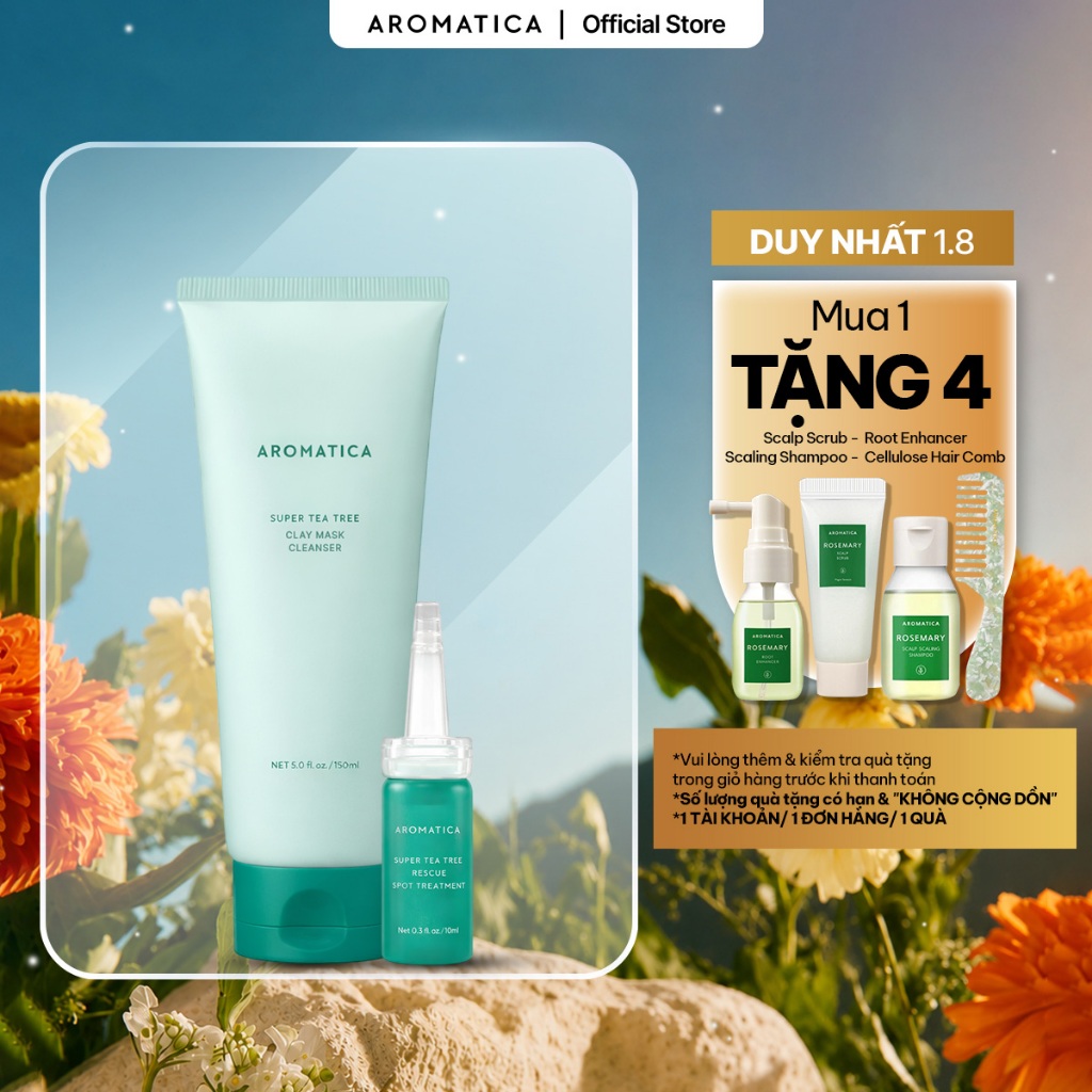 Bộ Đôi Chăm Sóc Da Dầu Mụn AROMATICA Tea Tree Clay Mask Cleanser 150ml & Chấm Mụn Rescue Spot Treatment 10ml
