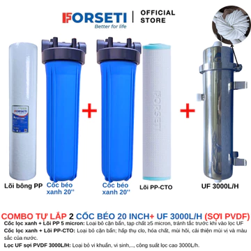 Bộ Lọc Tổng Sinh Hoạt Đầu Nguồn tự lắp gồm 2 cốc béo 20inch lõi PP, CTO và Siêu lọc UF công suất lọc 2000L/H và 3000L/H