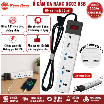 [Rạng Đông] Ổ cắm đa năng tích hợp USB OC02.USB dây dài 3 mét & 5 mét, Chống quá tải & xung sét