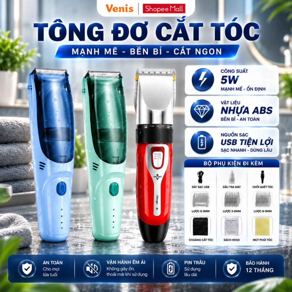 Tông Đơ Cắt Tóc Trẻ Em Sạc Nhanh, Chống Nước, Êm Ái Không Gây Khó Chịu
