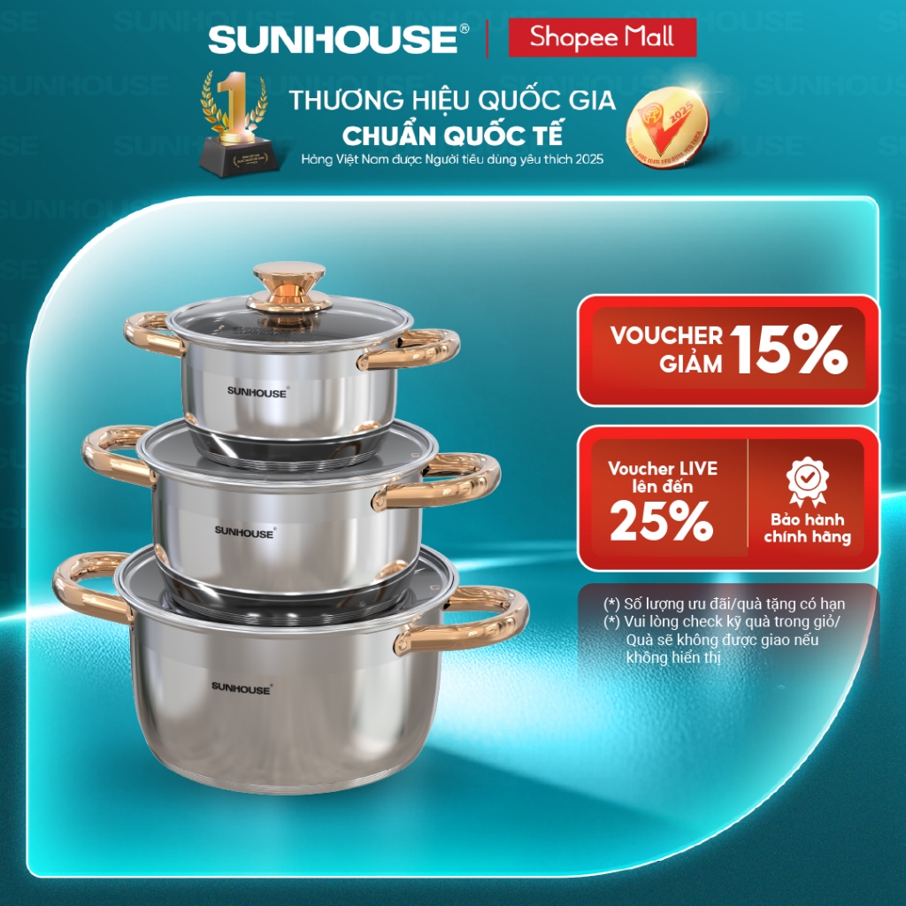 Bộ nồi inox 5 đáy Sunhouse SH781 - gồm 3 nồi với đường kính 16cm-20cm-24cm - Đáy từ dùng mọi loại bếp - 5 lớp đáy