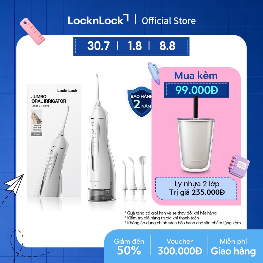 Máy Tăm Nước Lock&Lock Jumbo ENR166GRY – Bình 300ml, 4 Chế Độ, IPX7