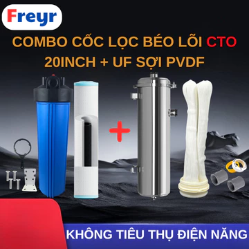 Combo Lọc Nước Đầu Nguồn 20 Inch, Cốc Lọc Béo + Lõi UF Sợi PVDF + Lõi CTO, Công Suất 2000-8000L/H