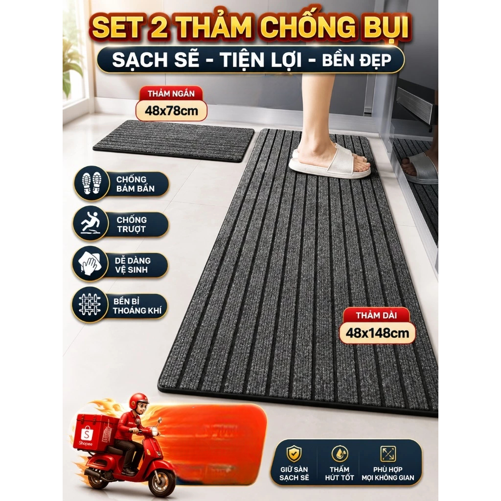 [FURNI HOME] Set 2 Thảm Lau Nhà Bếp Chống Trơn SNOW® 48x78 48x148cm Thảm Lau Chân Thấm Hút Nước Nhanh Màu Xám